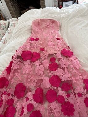 Girls Strapless Pink Floral Appliqué Dress